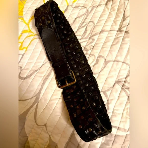Black Leather Belt with Brass Buckle &Rivets all around